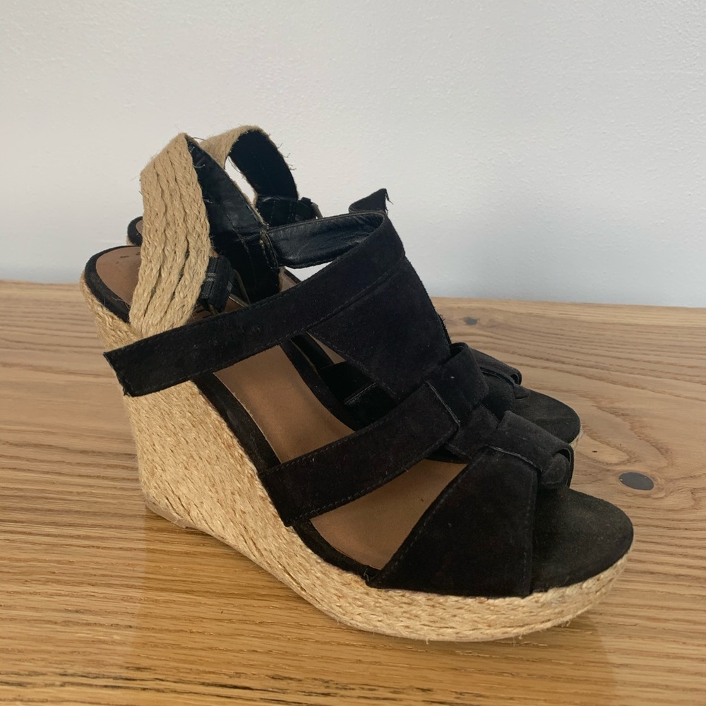 black woven wedges
